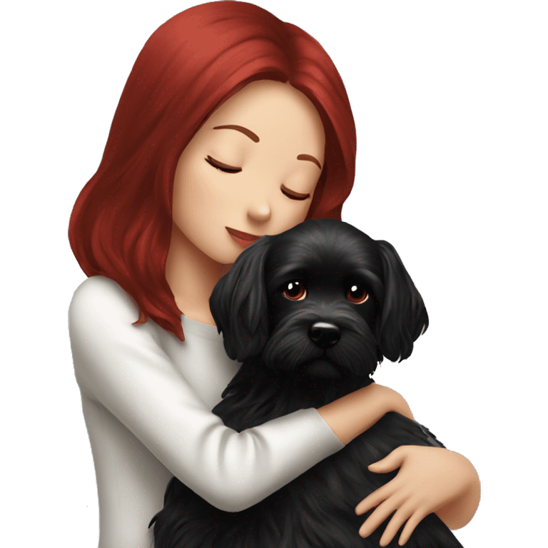 Dark-red-haired girl kiss her Black-Maltese-Black-dog emoji