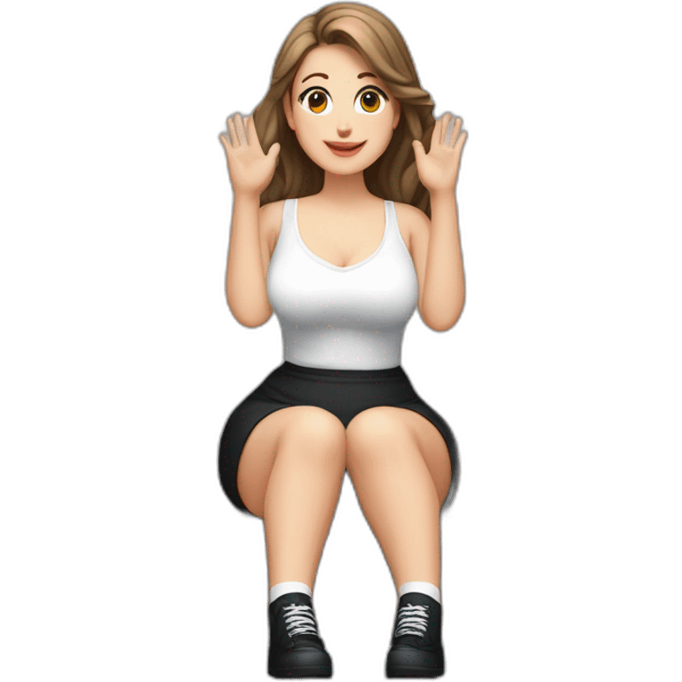 front view full body curvy caucasian beauty sitting straight hands up black skirt white knickers long white socks emoji