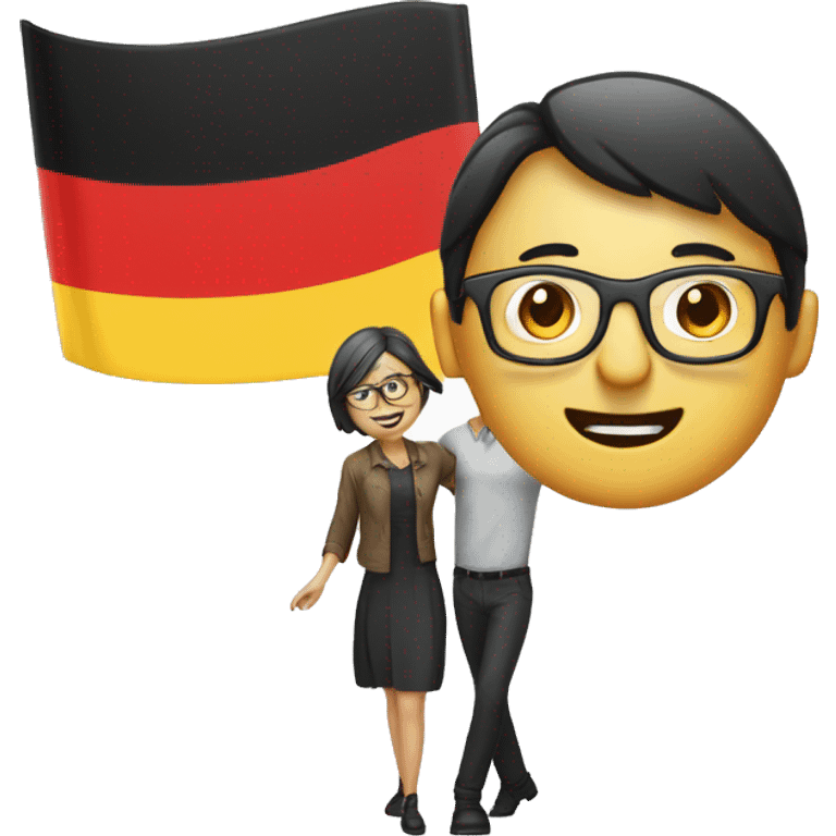 Man with straight short hair with glasses and stub. Woman with straight DARK hair with glasses. German flag dancing  emoji