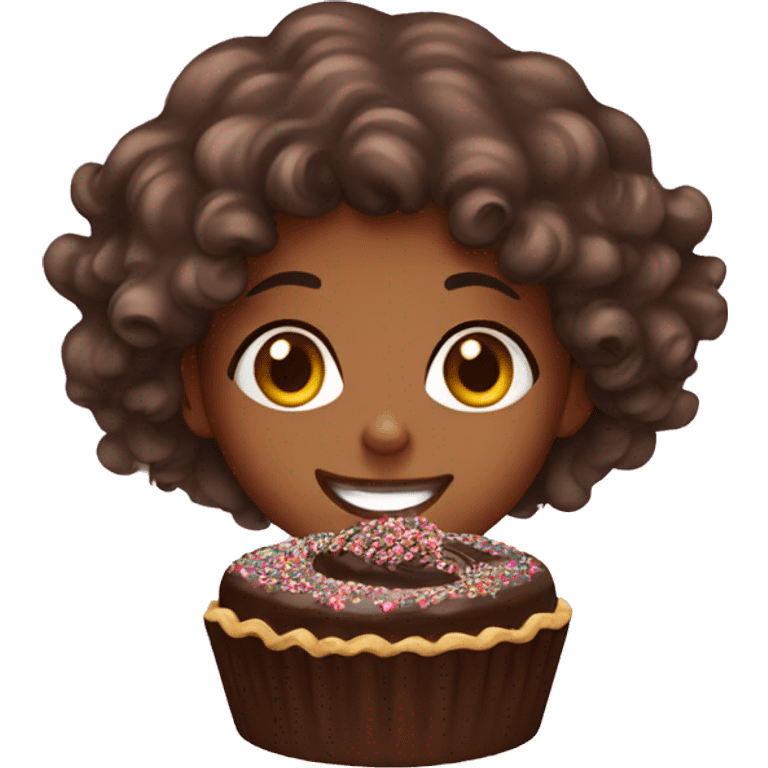 girl with curly hair eating chocolate cake  emoji