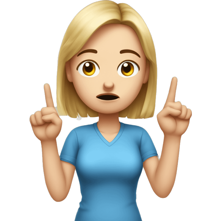 A white girl with an important face brings with two hands with an outstretched index finger to her nose, dissatisfied, two hands showing, blue shirt emoji