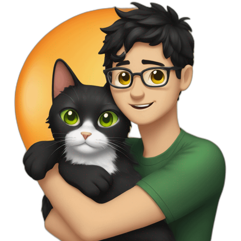 White guy with green eyes, black hair and with glasses hug orange percian cat emoji