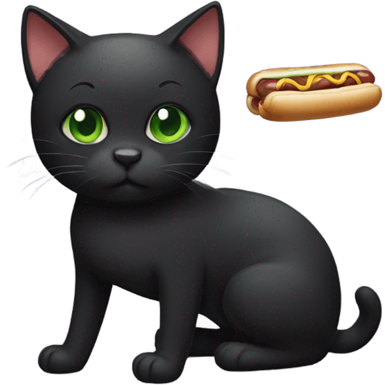 Black cat with green eyes and short hair eating a hotdog emoji