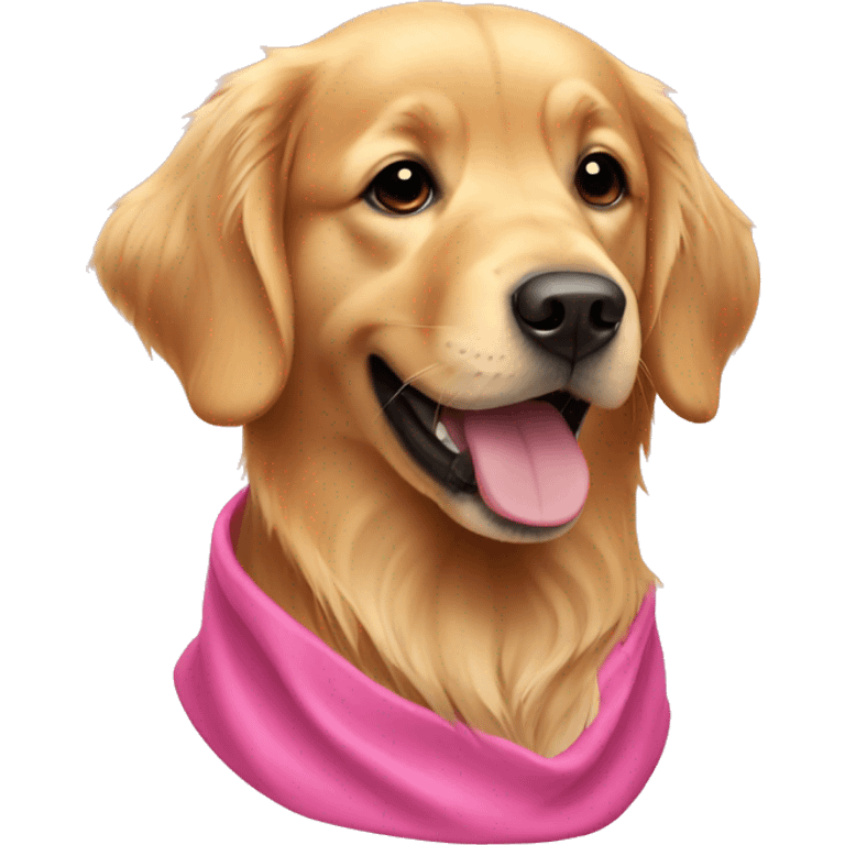 Golden retriever wearing pink emoji