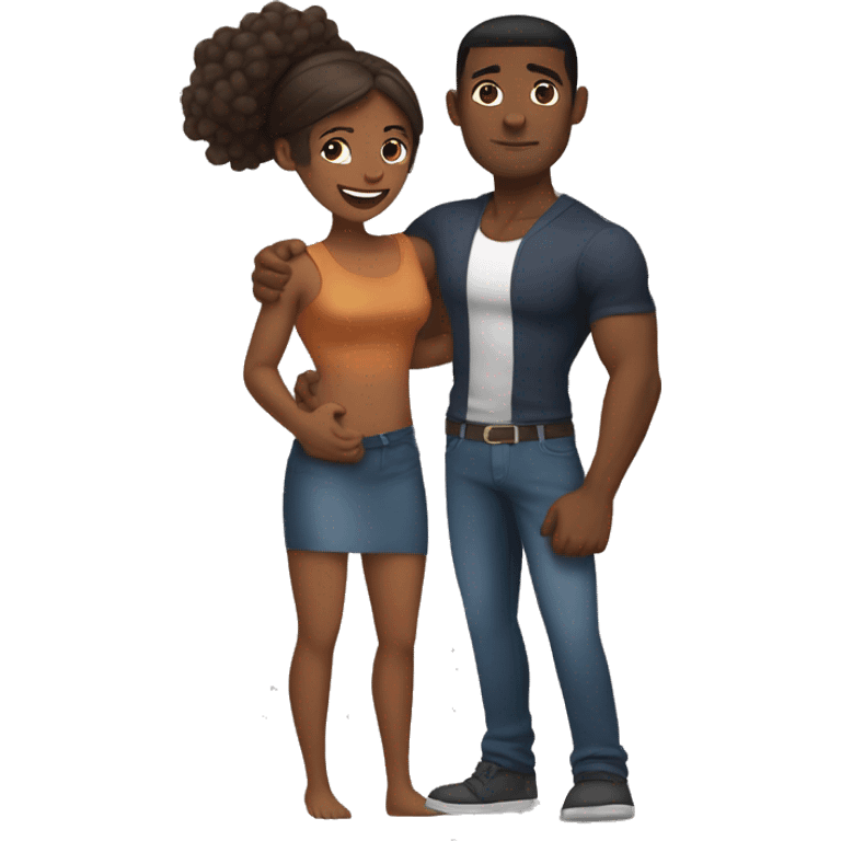 A brown skin woman with a big butt hugging a tall muscular brown skin man emoji