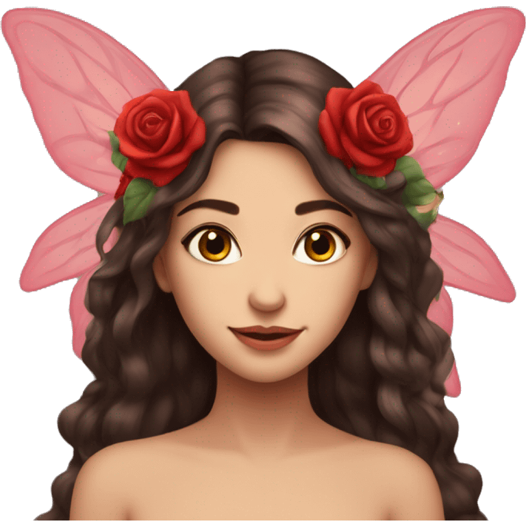 Beautiful, rose, fairy, red, flowers in hair, long dark brown hair, big wings, fair skin emoji