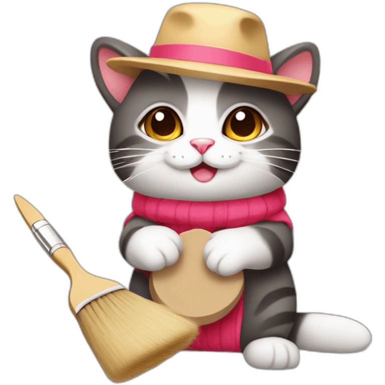 Kawaii cat artist in hat holding palette and brush so it can be used as a mouse cursor emoji