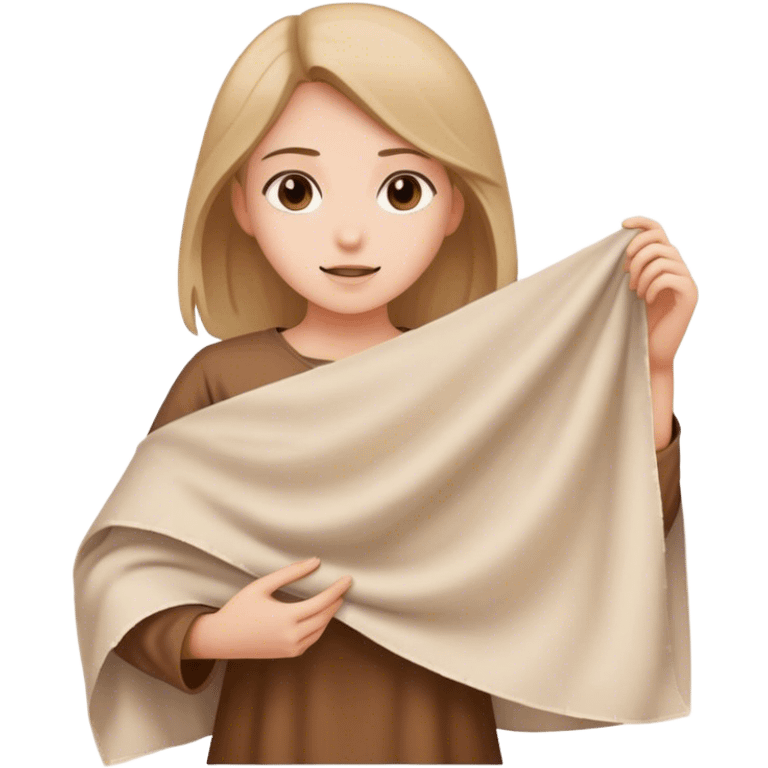 girl in brown tunic holding a large white piece of cloth emoji