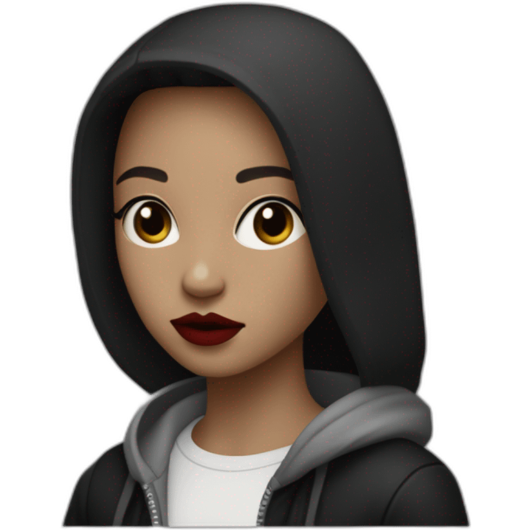 Tiny White girl lightly tanned with short hair black eyes and black hair wearing black messa hoodie like alyx Vance and red lipstick emoji