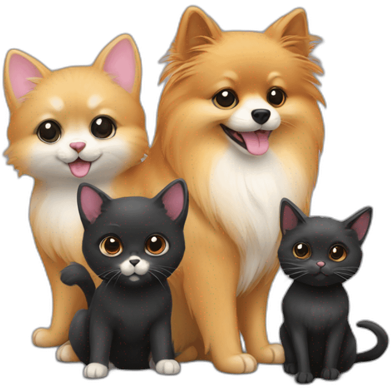 a pomeranian, a black cat and a gray mouse hold hands emoji