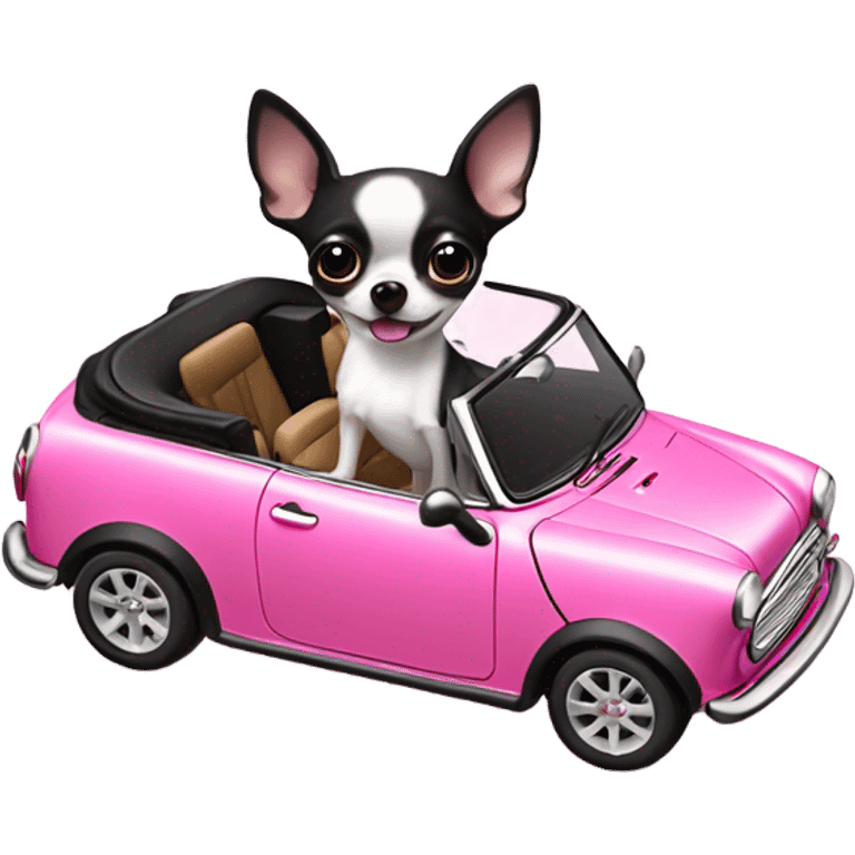 Black and white Chihuahua driving pink mini cooper convertible  emoji