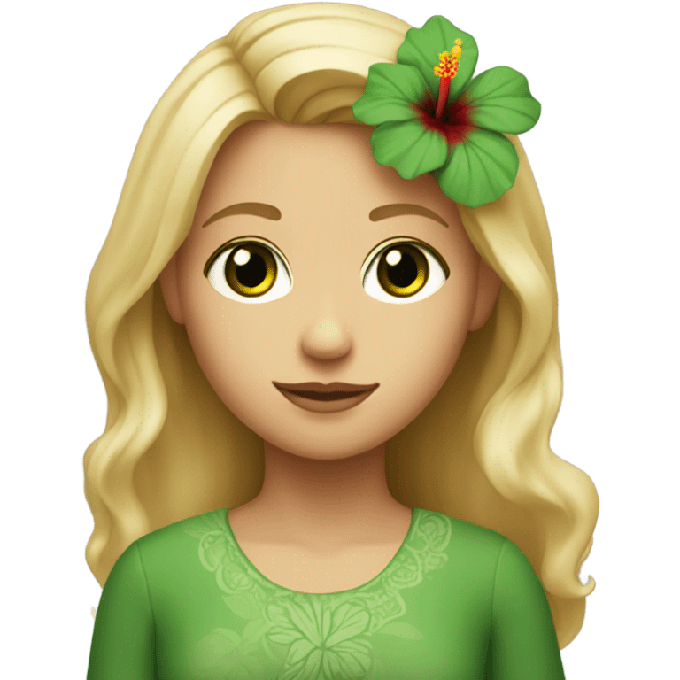 Blonde haired girl with green eyes one red hibiscus flower in her hair emoji