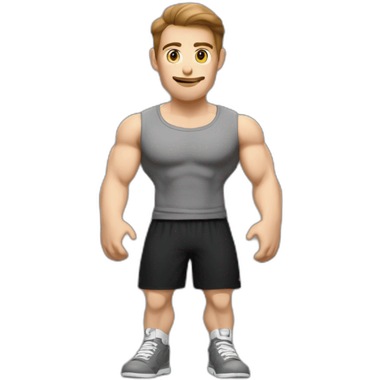 Close up Actively gesturing  with hands Pale skinned Fit Man With the biceps and brown hair in dark gray Sleeveless Mike, black oversize sports shorts, watch and white Sneakers emoji