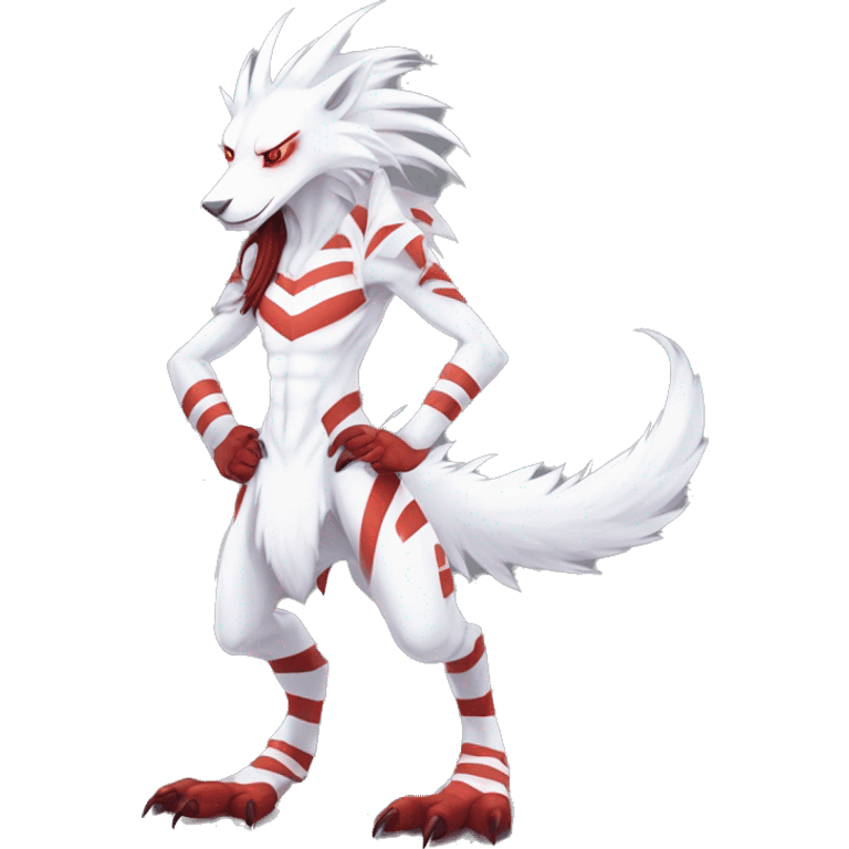 White edgy cute badass epic anthro modern albino sergal-vernid-Fakémon with red mane and red eyes, red stripes, red horns,  full body emoji