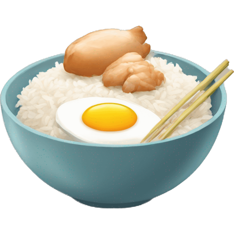 a bowl of rice with two eggs and two chicken emoji