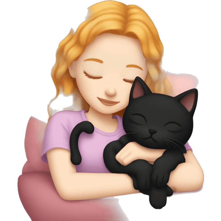 Black kitty sleeping on strawberry blonde white girl's lap emoji