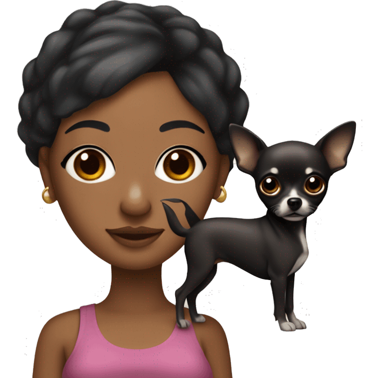 A curvy African American woman with dark skin and straightened black hair holding a black with brown eyebrows pointy ear chihuahua  emoji