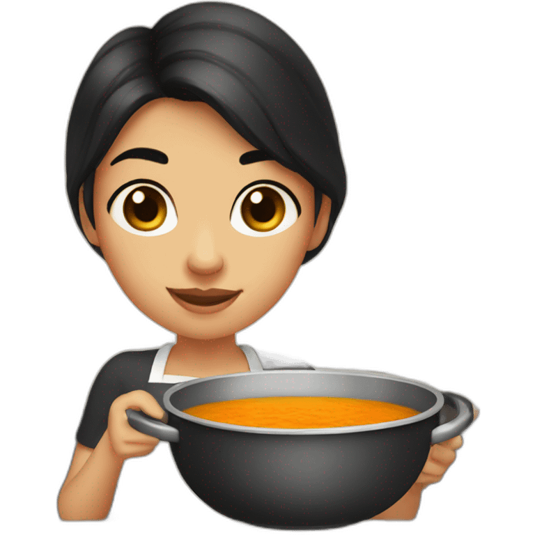 Girl with dark eyes and dark hair, cooking soup with pumpkin  emoji