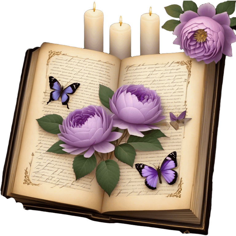 An antique botanical journal with golden-edged pages, filled with meticulously pressed lilac roses, ice violet peonies, and amethyst dahlias, lies open beneath the soft glow of candlelight, its delicate illustrations and handwritten notes whispering stories of forgotten gardens as a pearl butterfly gently perches on its weathered cover. emoji