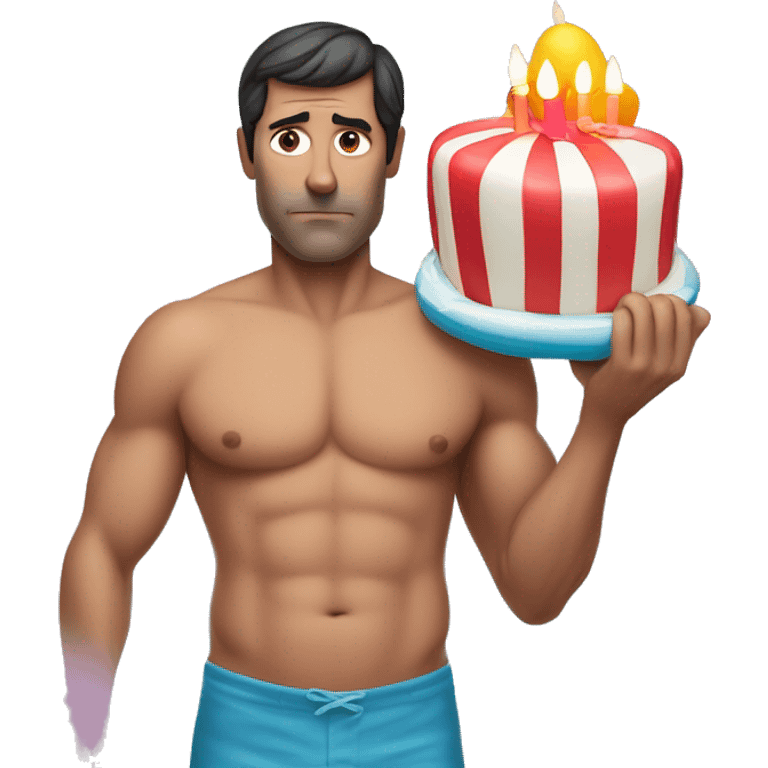 Middle aged dark haired clean shaven man wearing pool floats, holding a big birthday cake with a very sad face emoji