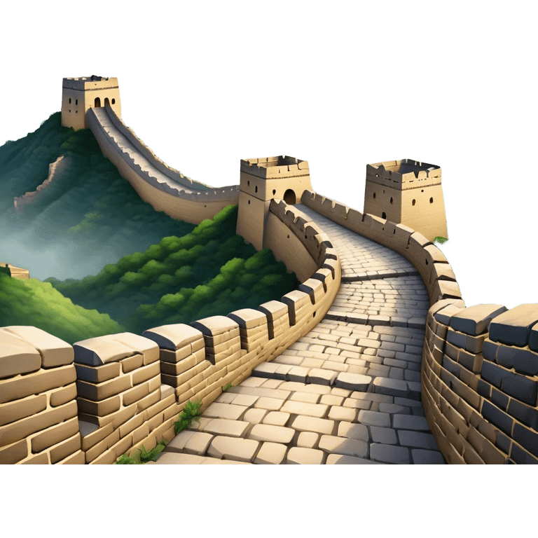 Cinematic Realistic Great Wall of China Landmark Emoji, depicted with ancient stone pathways winding over rugged mountains, watchtowers punctuating the misty landscape, and soft golden sunlight casting dramatic shadows. emoji