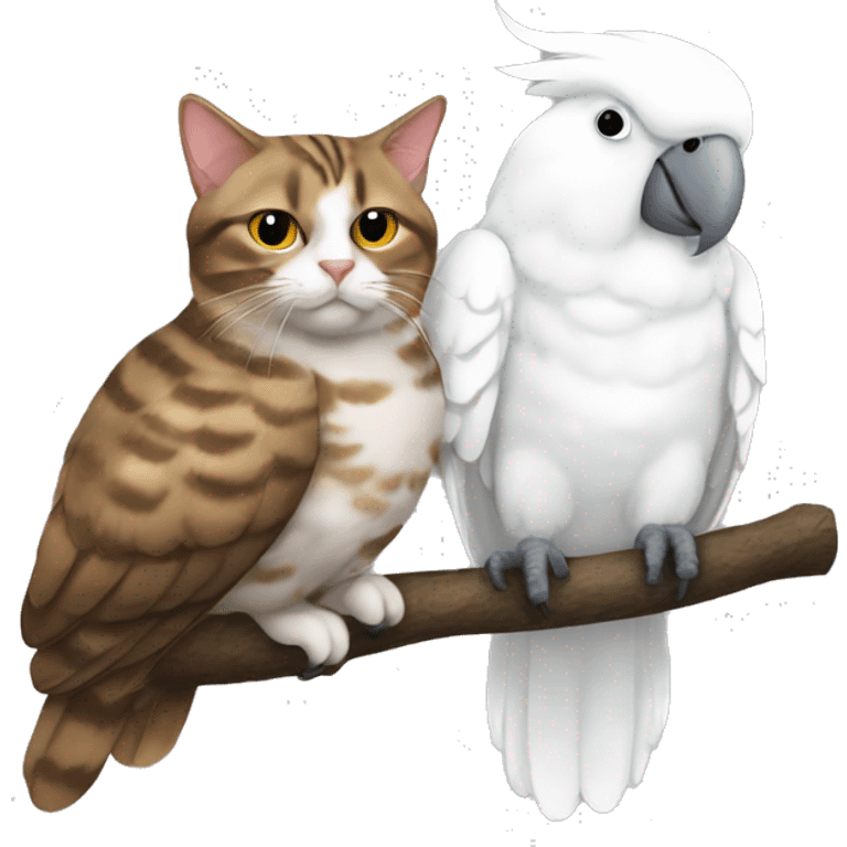 Brown tabby cat and large white cockatoo napping together. emoji