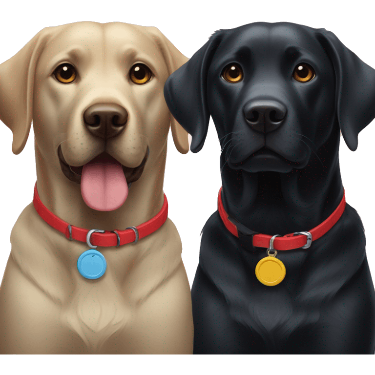 black labrador on the left with red collar, black labrador on the right with light blue collar. emoji