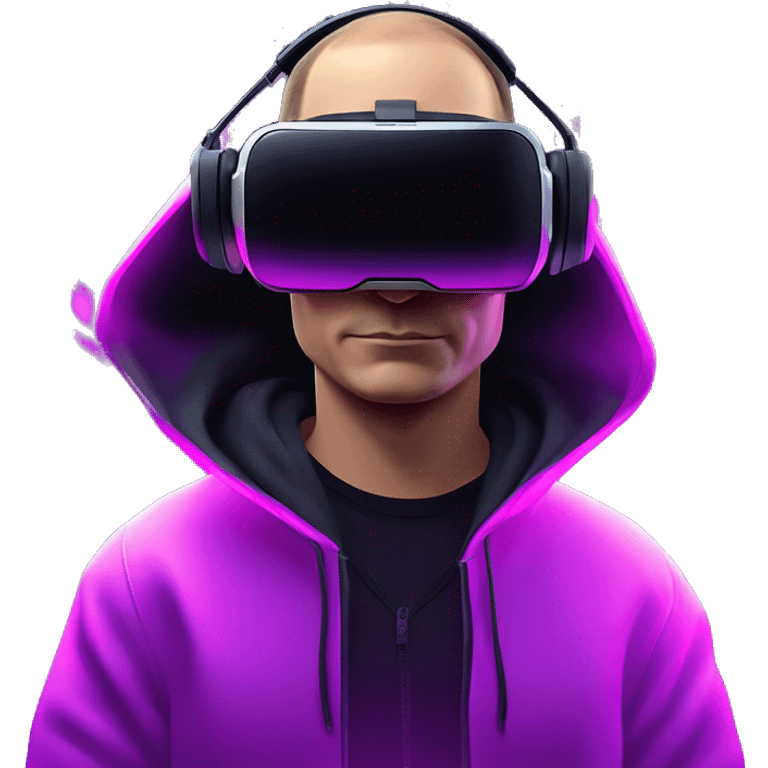 Putin wearing a black hoodie with "OMG" letters on it and VR headset oculus quest 2 in a cyberpunk VR environment with violet neon lighting. emoji