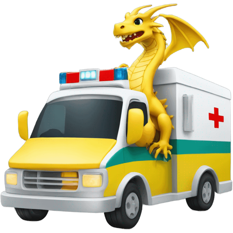 Yellow dragon driving an ambulance inside ambulance as an Emt emoji