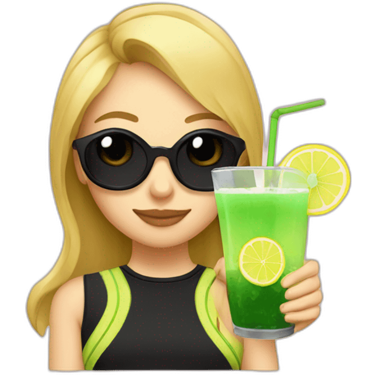 blonde girl straw drinking pink lemonade with one green lemon in the cup, with black watch black tshirt emoji