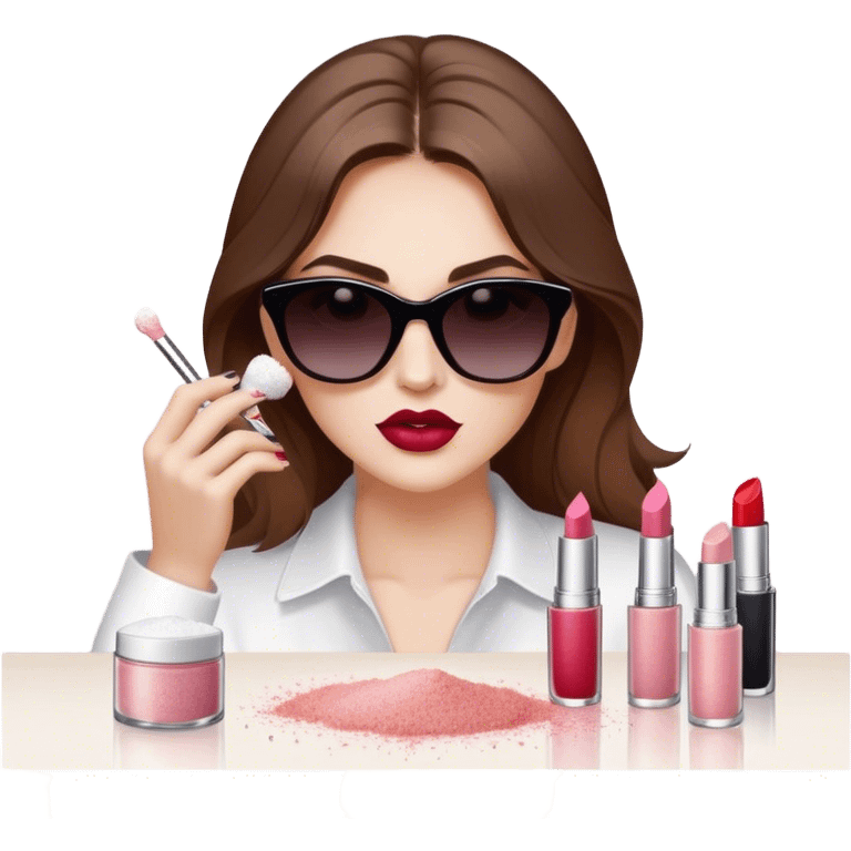 White woman with brown hair and dark sunglasses. She is sprinkling table salt on top of lipsticks, eyeshadows, and blushes emoji