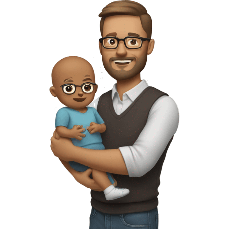 Dad brown short hair and glasses with 3 day beard with baby no hair (4 Month old) holding him on arm. Dad is a stock investor emoji