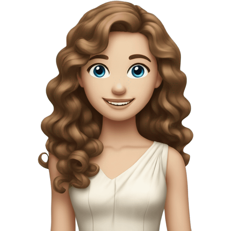 smiling girl in elegant dress with fair skin, long brown curly hair and blue eyes emoji