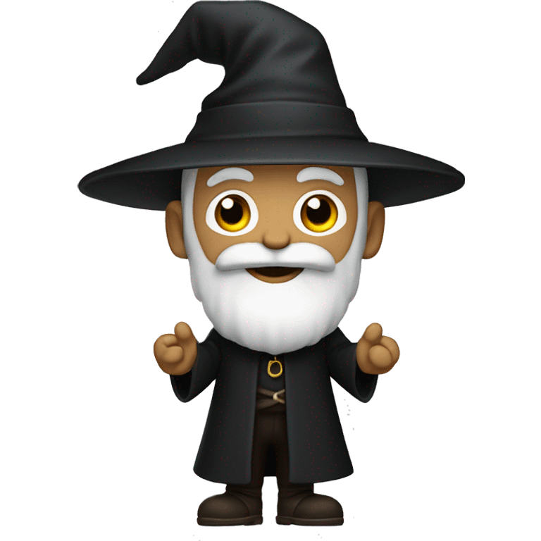 A wizard with a black hat and a black coat. He has a white beard. He is Happy. His full body is shown emoji