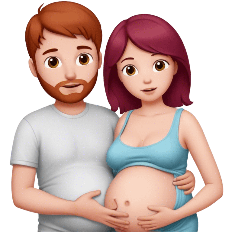 Beautiful burgundy haired pregnant girl with boyfriend holding stomach emoji