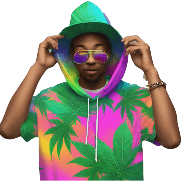 Hemp leaves Multicoloured neon person smoking wearing hoodie dancing hip hop bucket hat tropical Skater fashion aesthetic baggy clothes graphic t shirt 420 emoji