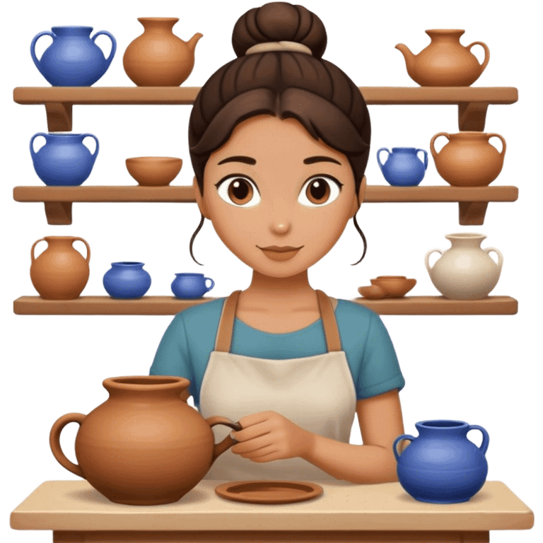 Brunette girl, bun, doing pottery emoji