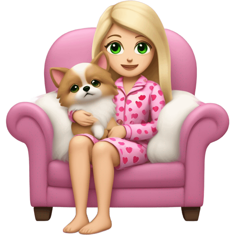 Girl blonder long hair mauve pink plump lips green eyes sitting in cozy chair wearing red and pink heart design on pjs holding a white Pomeranian emoji