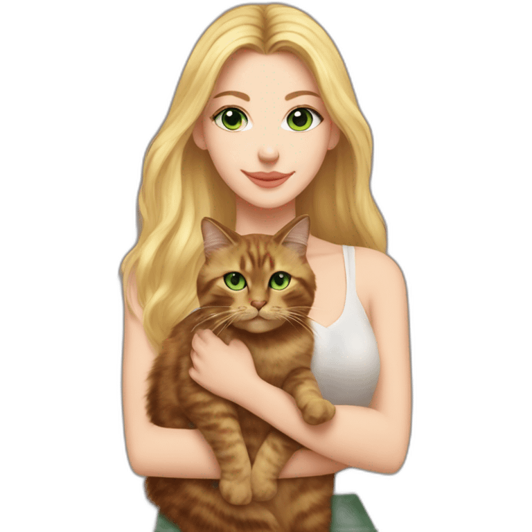 woman with green eyes and long blonde hair and big boobs is holding a very fluffy and fat tortoiseshell cat emoji