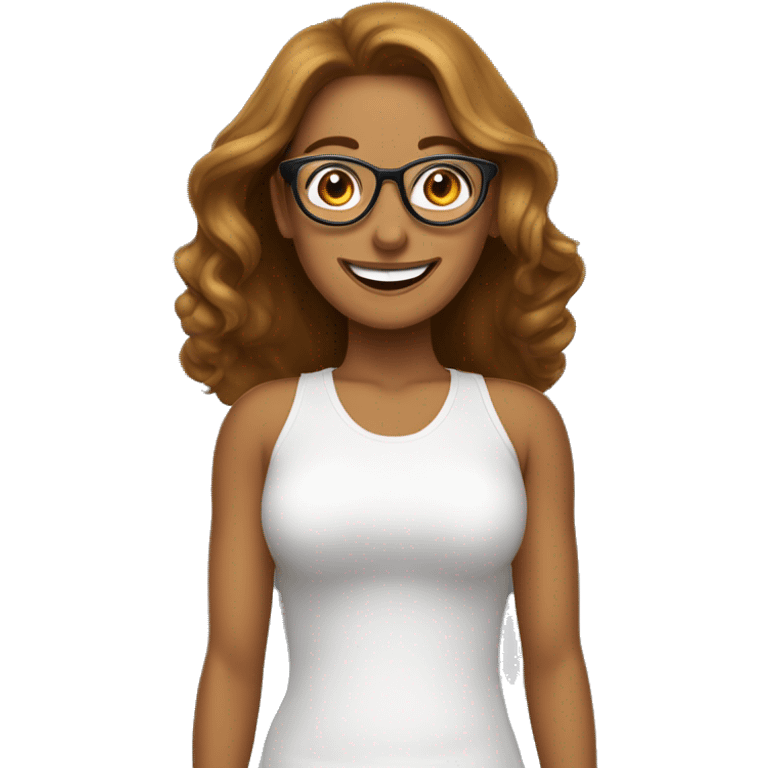 mujer adulta con gafas piel blanca sonriendo car perfilada, ojos marrones grande cabello castaño y con iluminaciones doradas en elcabello emoji