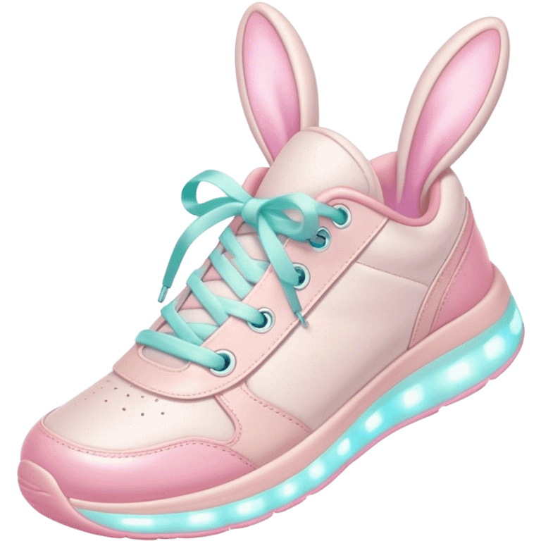 Cute Kawaii Shoe, small and bouncy, soft pastel sneakers with glowing highlights, cute sparkling eyes, a happy cheerful expression, laces tied like bunny ears! emoji