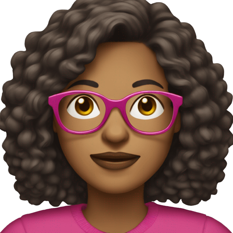 40 years old woman with dark brown long hair ,slidly curly and a yorkie wearing glasses with a dark pink frames  emoji