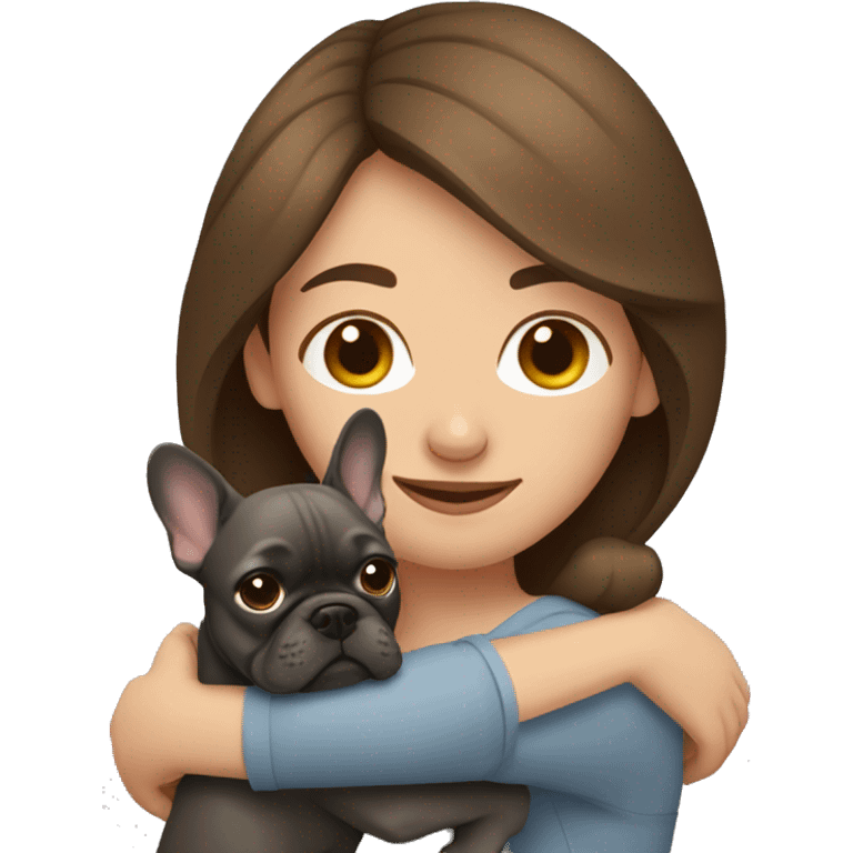 brown hair woman hugging dark gray french bulldog emoji