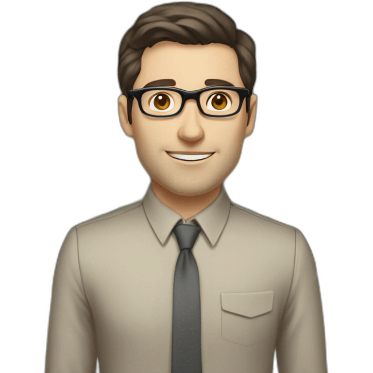 Pale skinned fit man with dark brown hair in gray jacket, beige office shirt, brown tie, brown pants and vintage glasses Writing on the marker board emoji