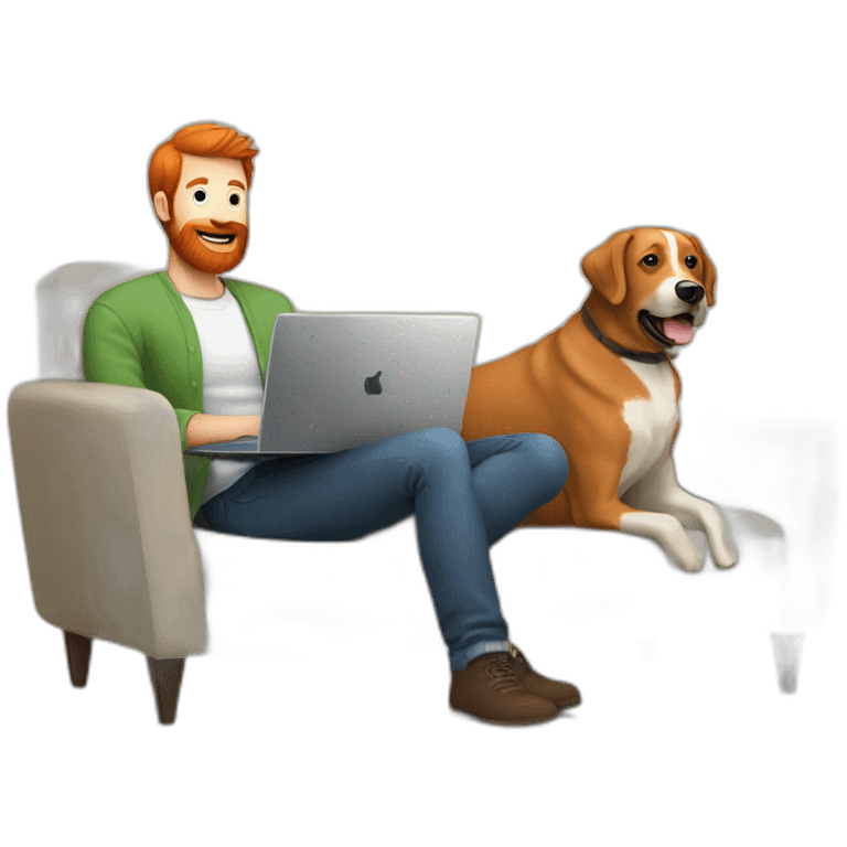 a man with a red beard sits working on a laptop on the sofa with a black Labrador emoji