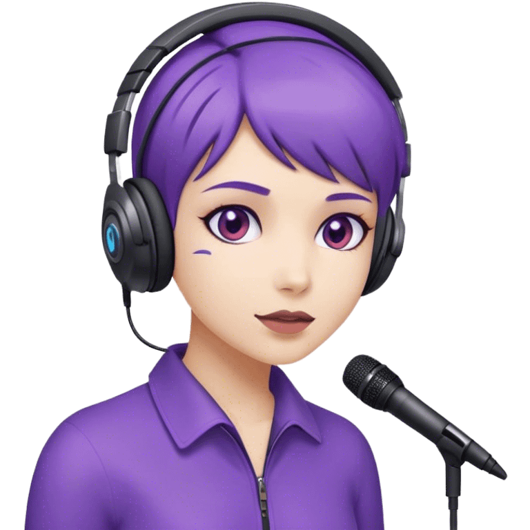 Purple, short haired girl wearing a headset with mic emoji