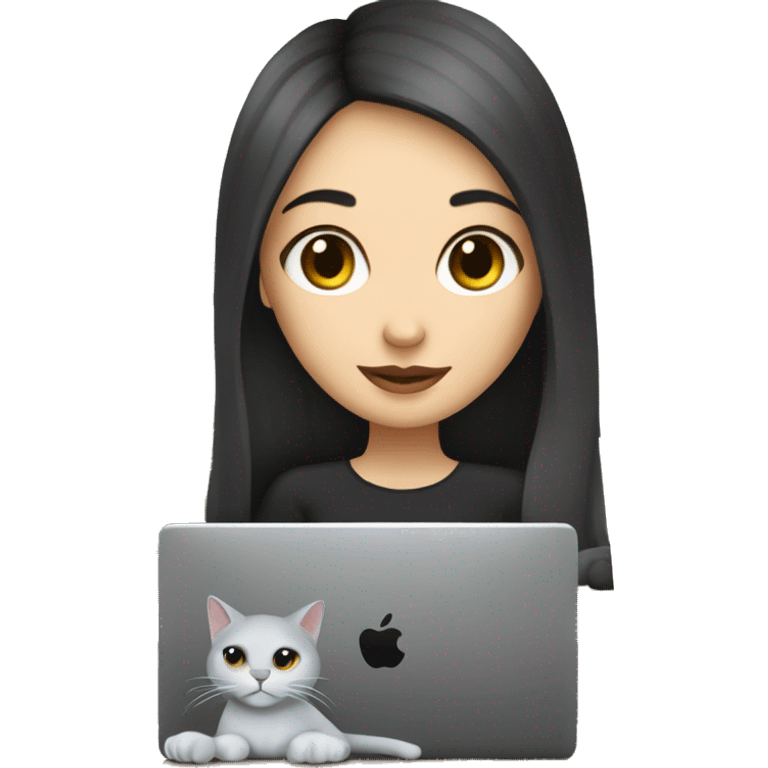 A white skin girl with black hair is working at the laptop with a coffee and a grey cat emoji