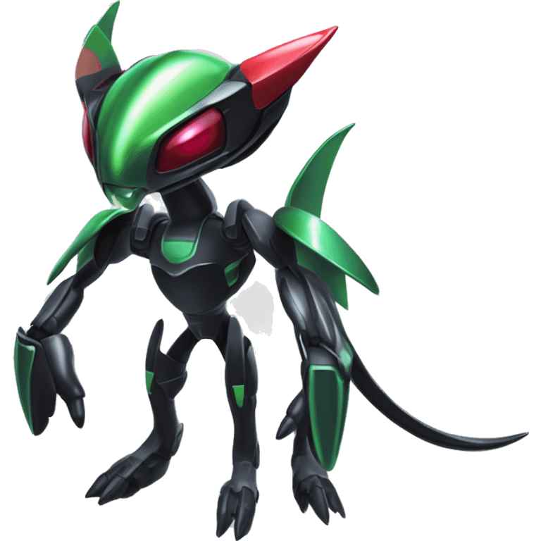 a shiny metallic black Genesect-Flygon-Raptor-Fakémon-Medabot-hybrid with a futuristic visor-helmet full body emoji