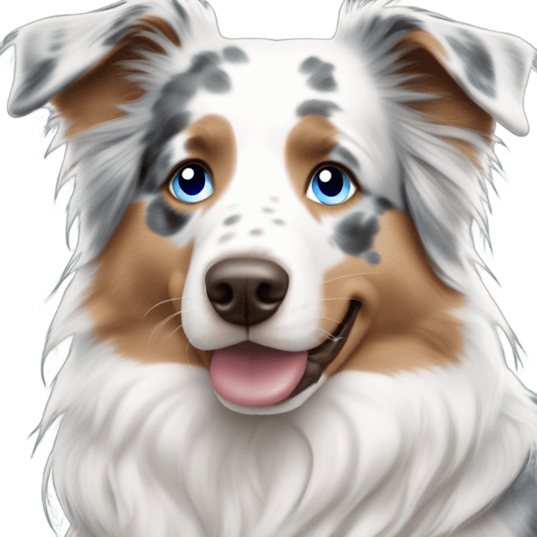 woman with blue eyes and long straight blonde hair and big boobs is holding a very fluffy blue eyes, blue merle australian shepherd  emoji