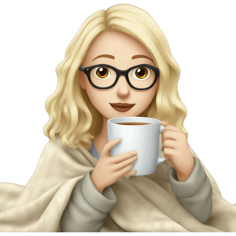 pale blonde girl wearing glasses drinking tea under blanket emoji